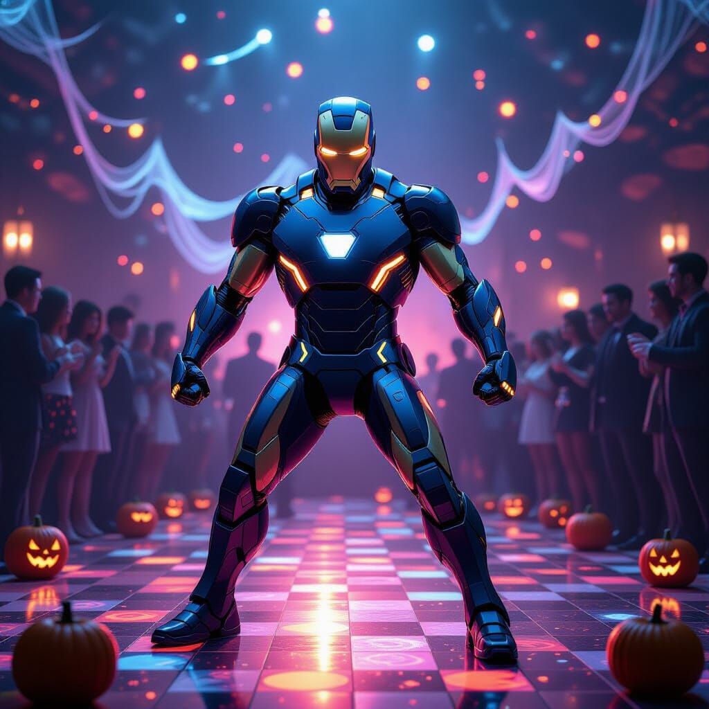 Iron Man Dances on Disco Floor with Halloween Decor