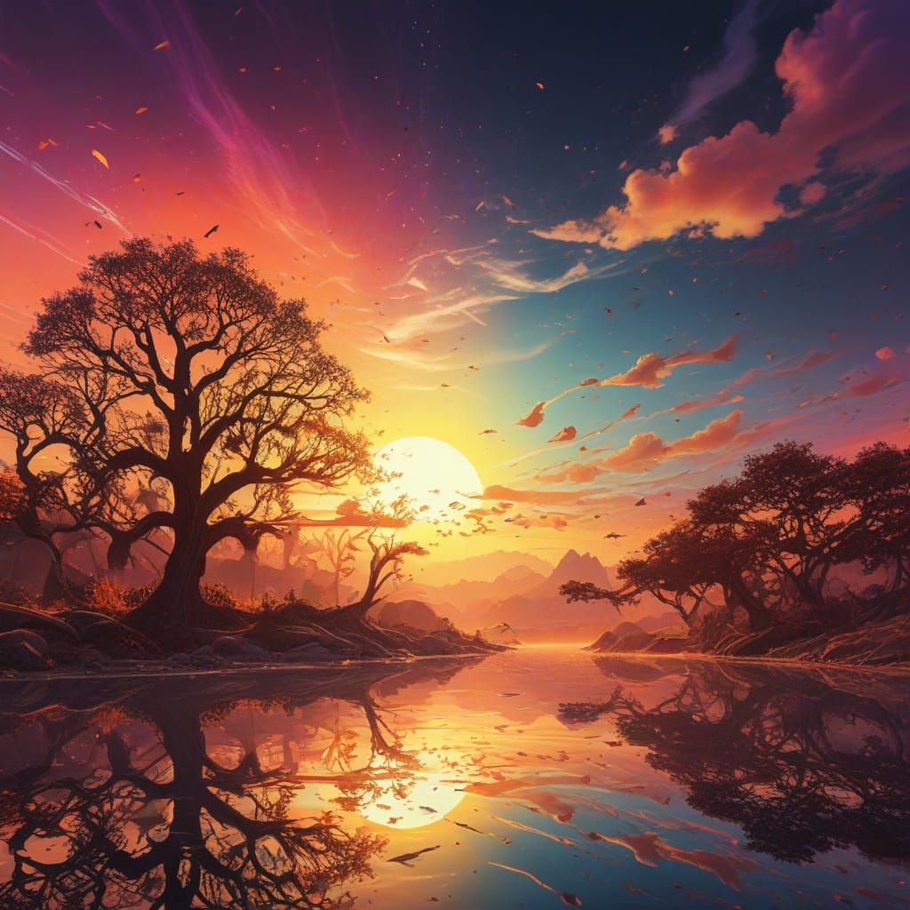 Surreal Neon Sunrise with Fractal Birds