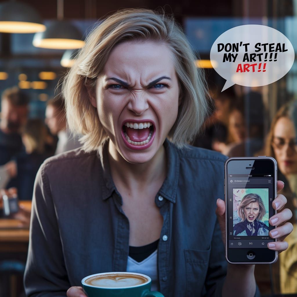 Angry Woman Yelling About Art Theft in Cafe