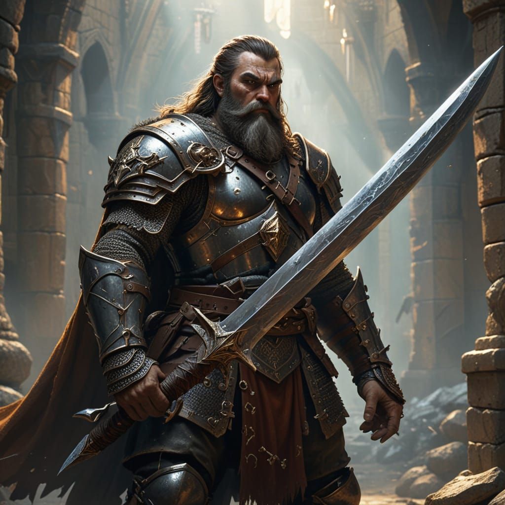 Dwarf Hero in Chainmail Armor Wields Greatsword in Epic Fant...