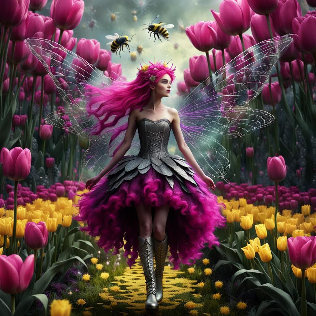 Fairy Rides Bumblebee in Tulip Garden
