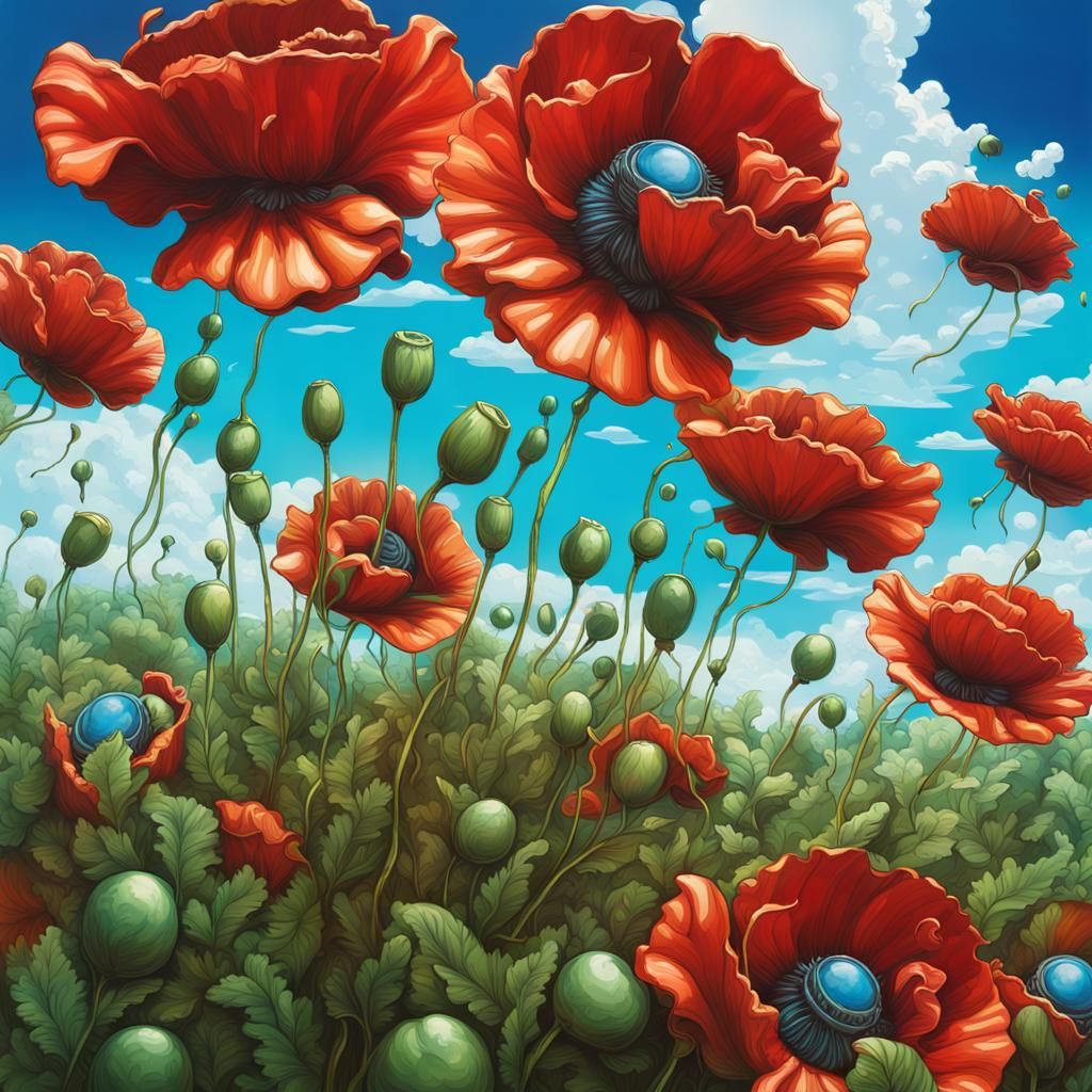 Steampunk Poppies Falling in Psychedelic Splash Art