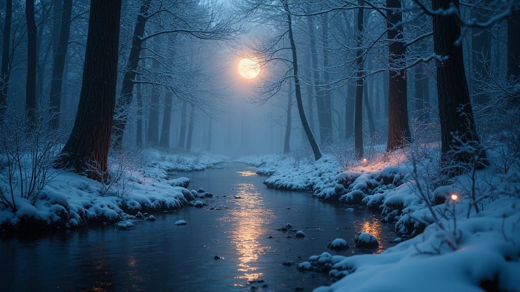 Enchanted Winter Forest With Creek in Ethereal Light