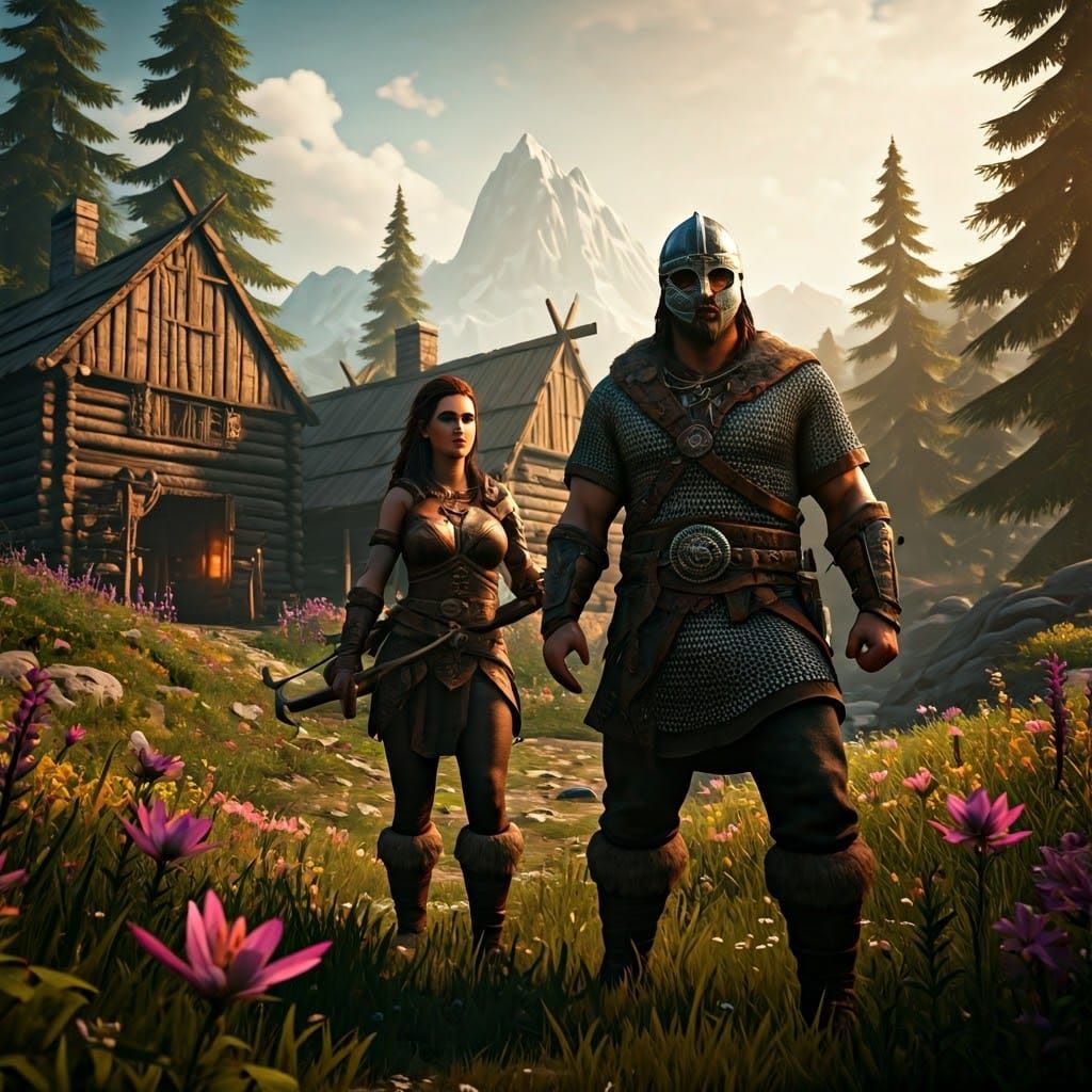 Barbarian Warriors in Mountain Clearing, Hyperrealistic Art