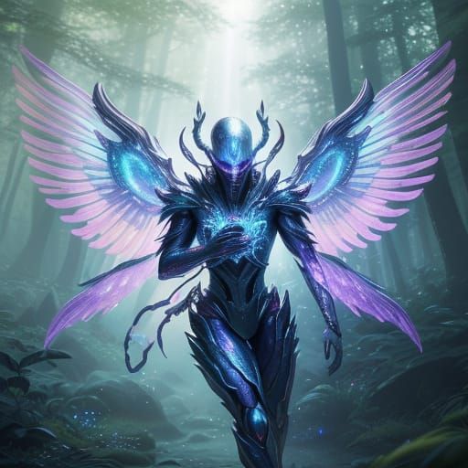 Photorealistic fantasy-scifi Randy Vargas. Enchanted alien forest. Mesmerizing bizarre creature carries a magical vibran...