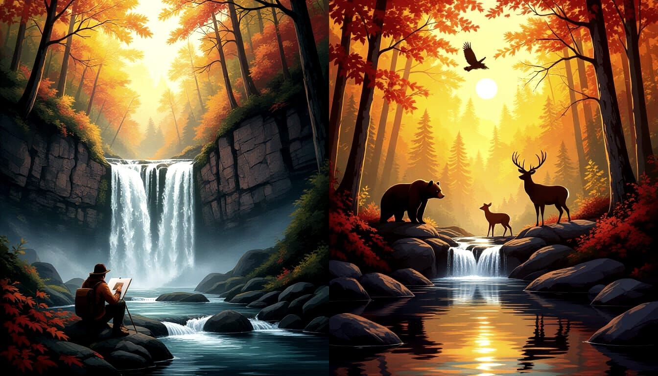Majestic Autumn Waterfall with Nature Silhouettes