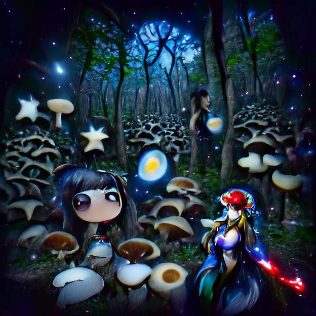Woman in Dark Forest with Glowing Mushrooms