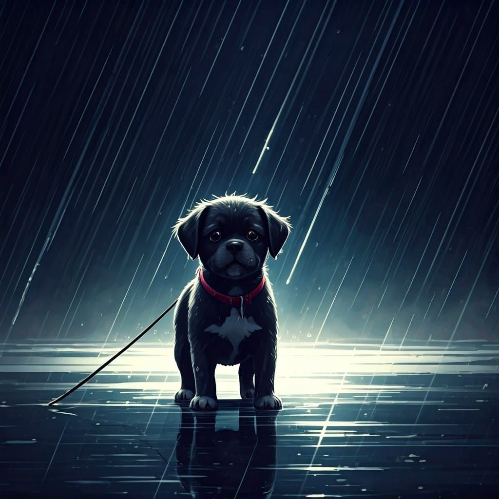 Lonely Black Dog in Rainy Anime Scene