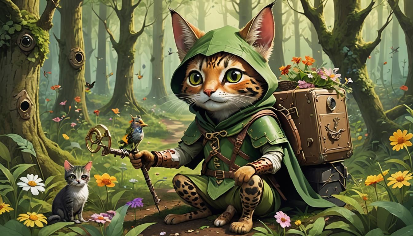 Whimsical Robin Hood Creature in Lush Forest