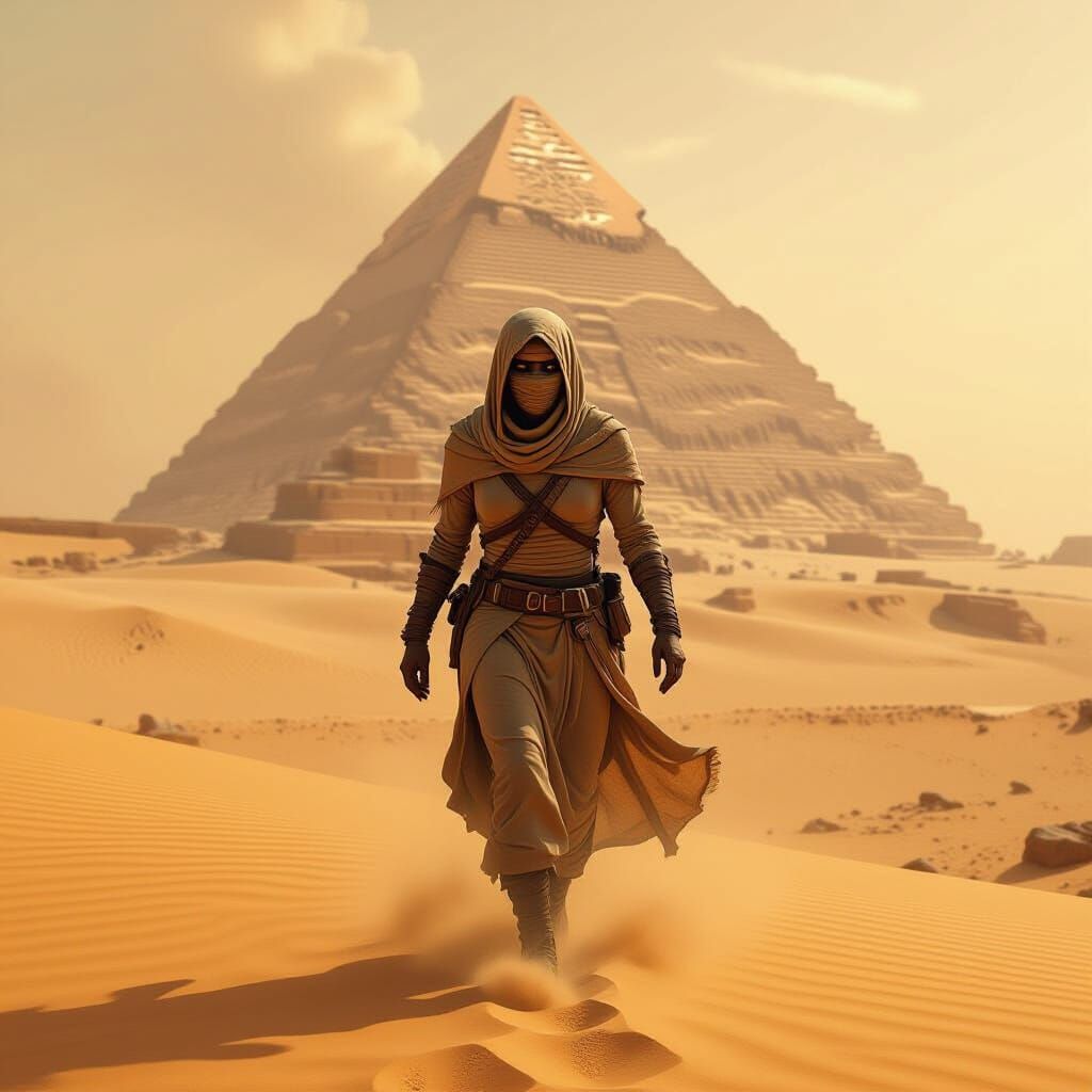 Mummy in Sandstorm Running to Pyramid as Digital Art