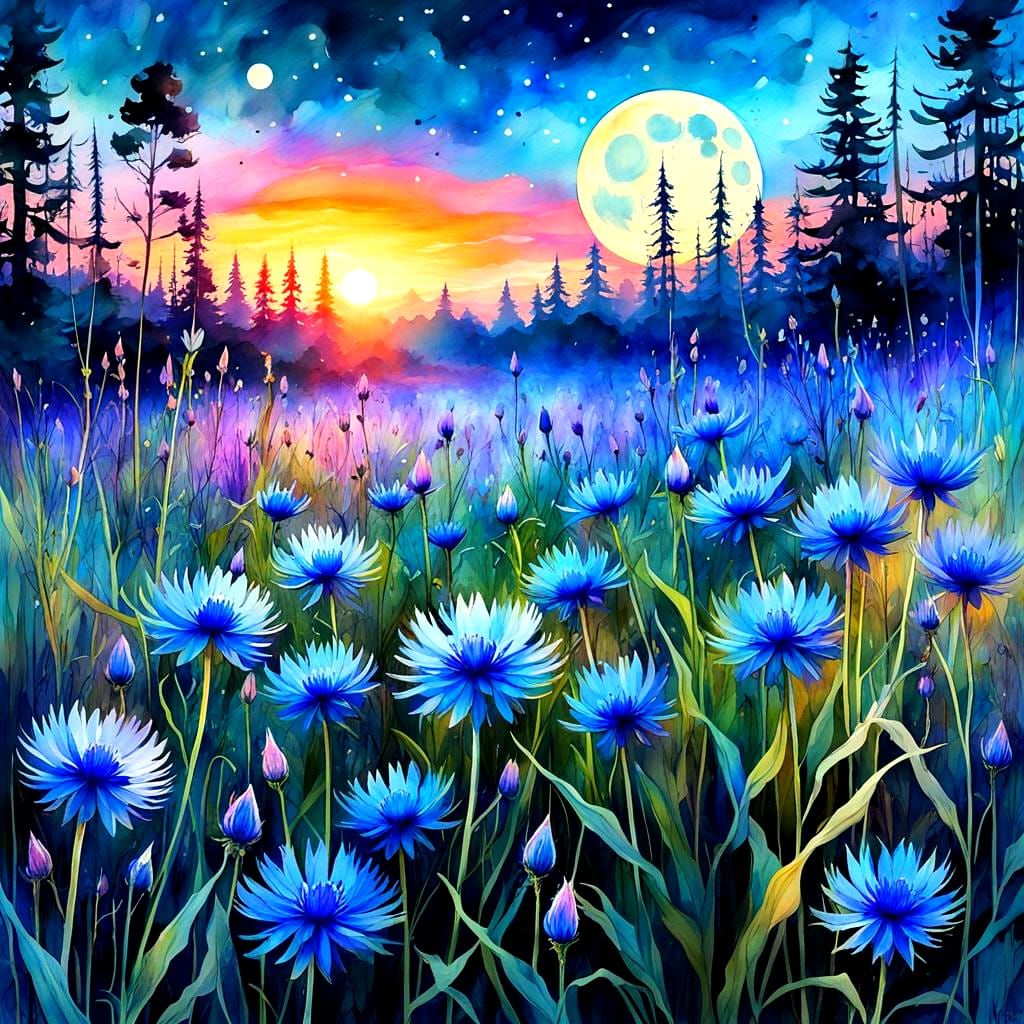 Bioluminescent Moonlit Cornflowers in Watercolor Style