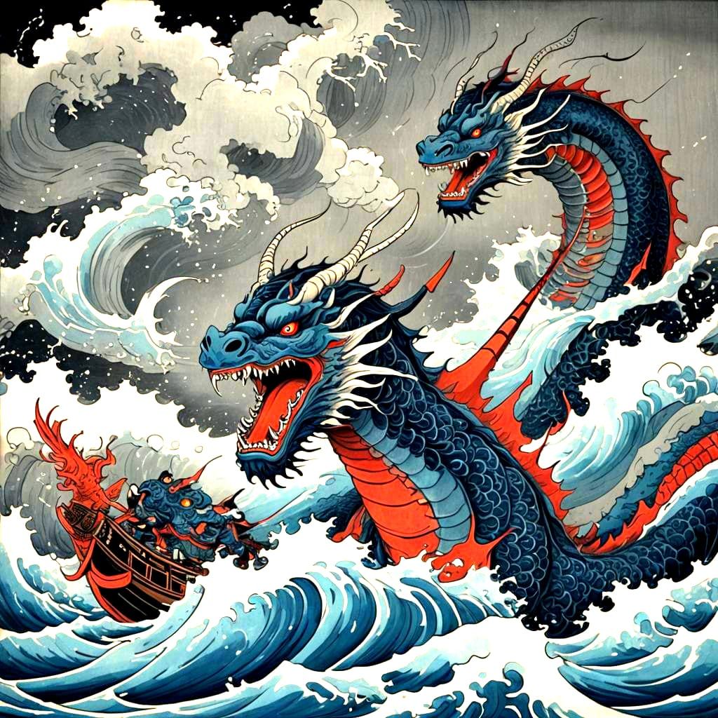 Samurai Warriors Fight Sea Dragon in Ukiyo-e Style
