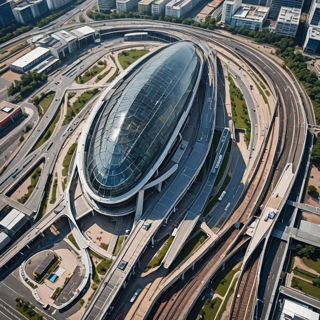 Modern Glass Railway Station Bird's-Eye View