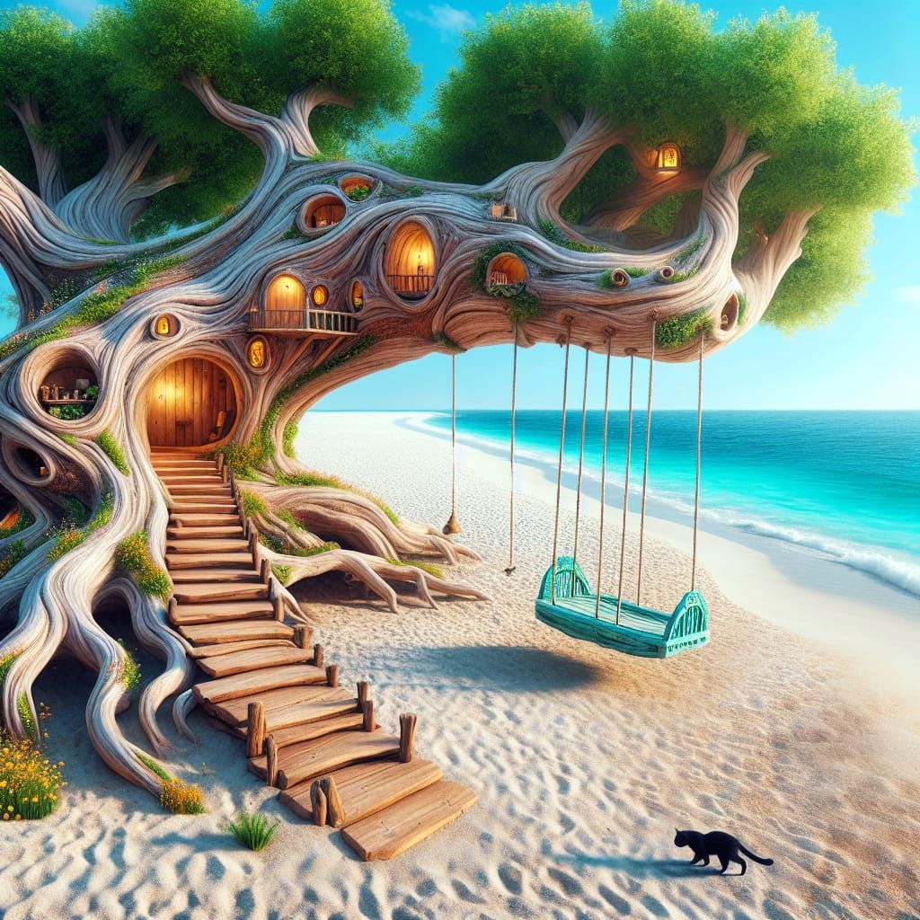 Whimsical Beach Oasis with Turquoise Swing