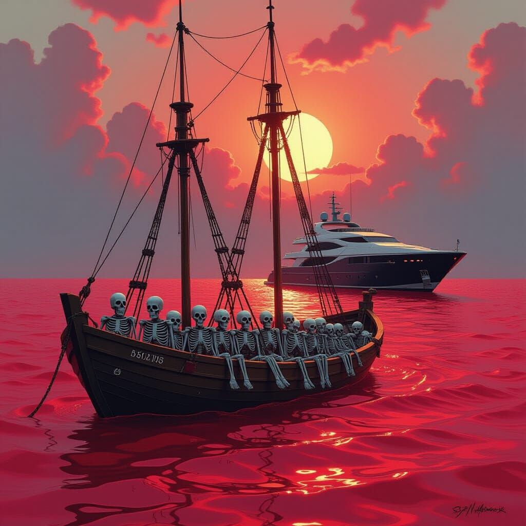 Skeletal Wreck and Yacht on Blood Sea