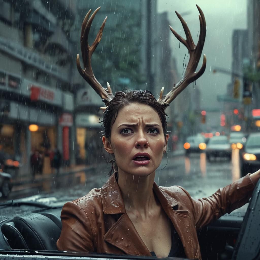Angry Businesswoman with Antlers in Traffic, Cinematic Light...