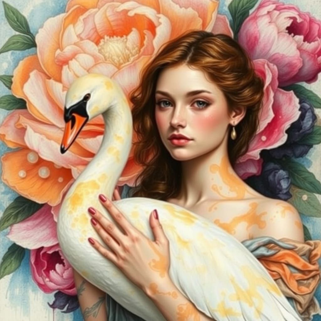 Woman with Swan in Alcohol Ink Style