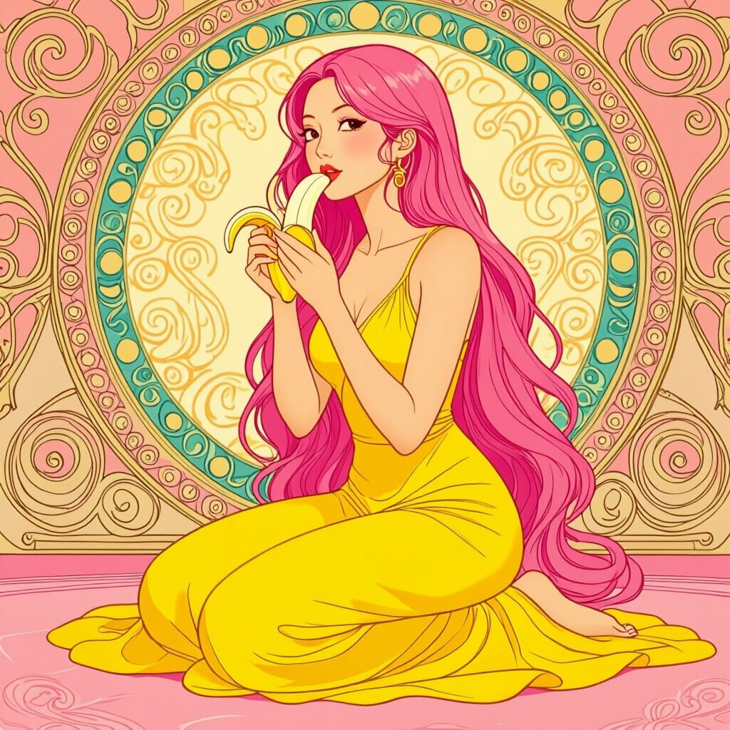 Asian Woman with Pink Hair Eating Banana, Art Nouveau Style