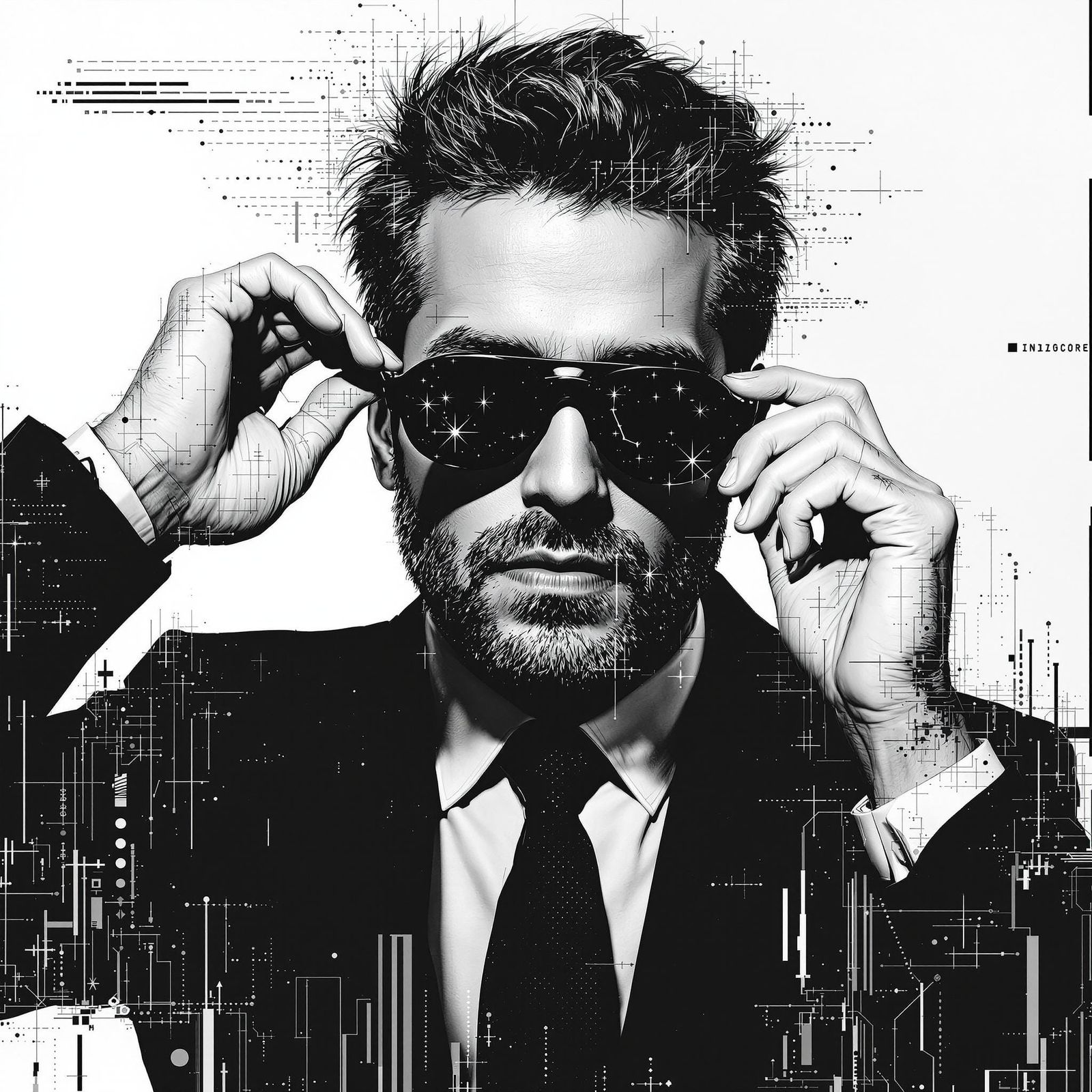 A Cyberpunk Man Adjusts His Black Horn-Rimmed Sunglasses in....