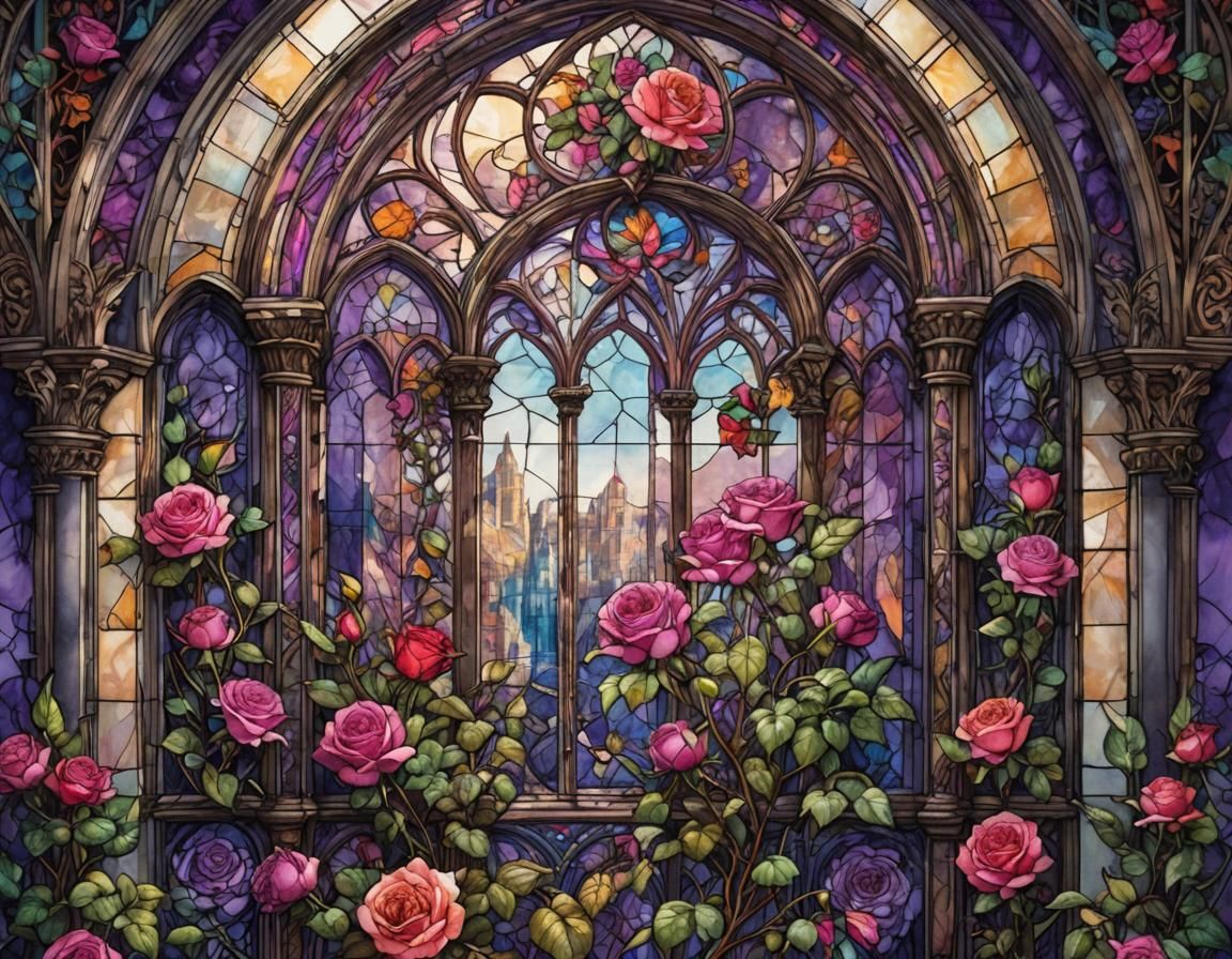 Stained Glass Rose Window with Hourglass