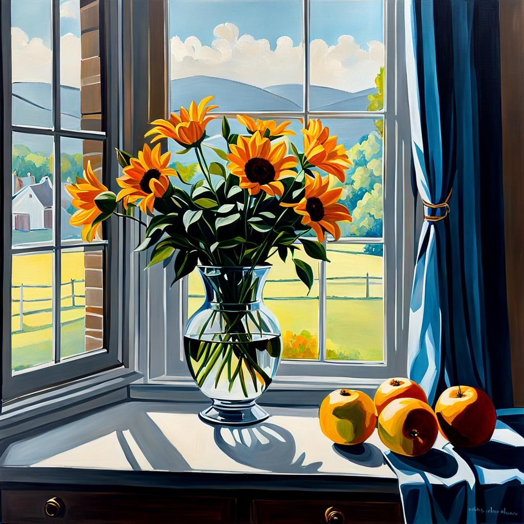 Acrylic painting of a still life in front of a window