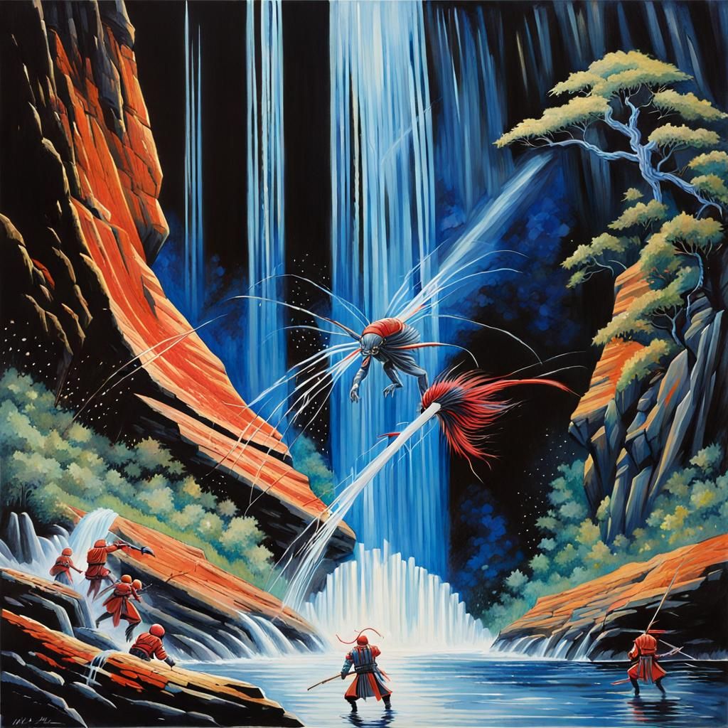 Alien Battle Portrait at Sparkling Waterfalls