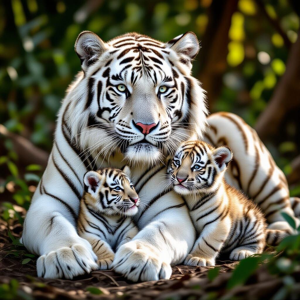 Majestic White Tiger Family in Lush Jungle Habitat