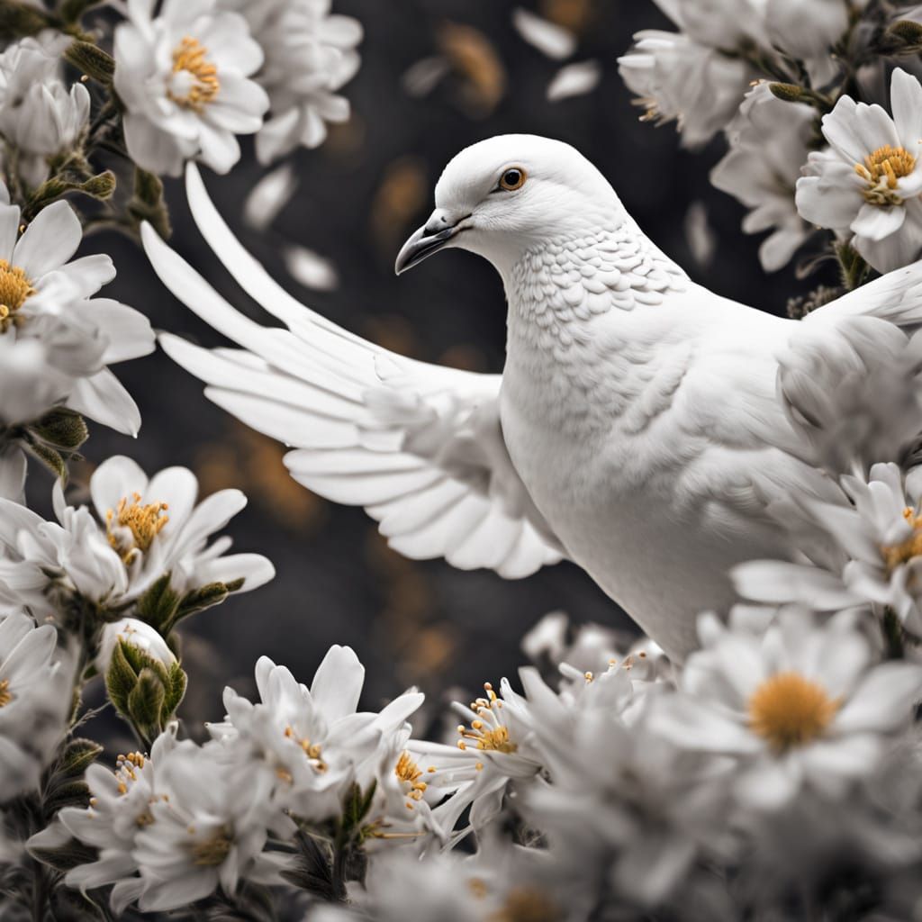 White Dove Among White Flowers in HDR