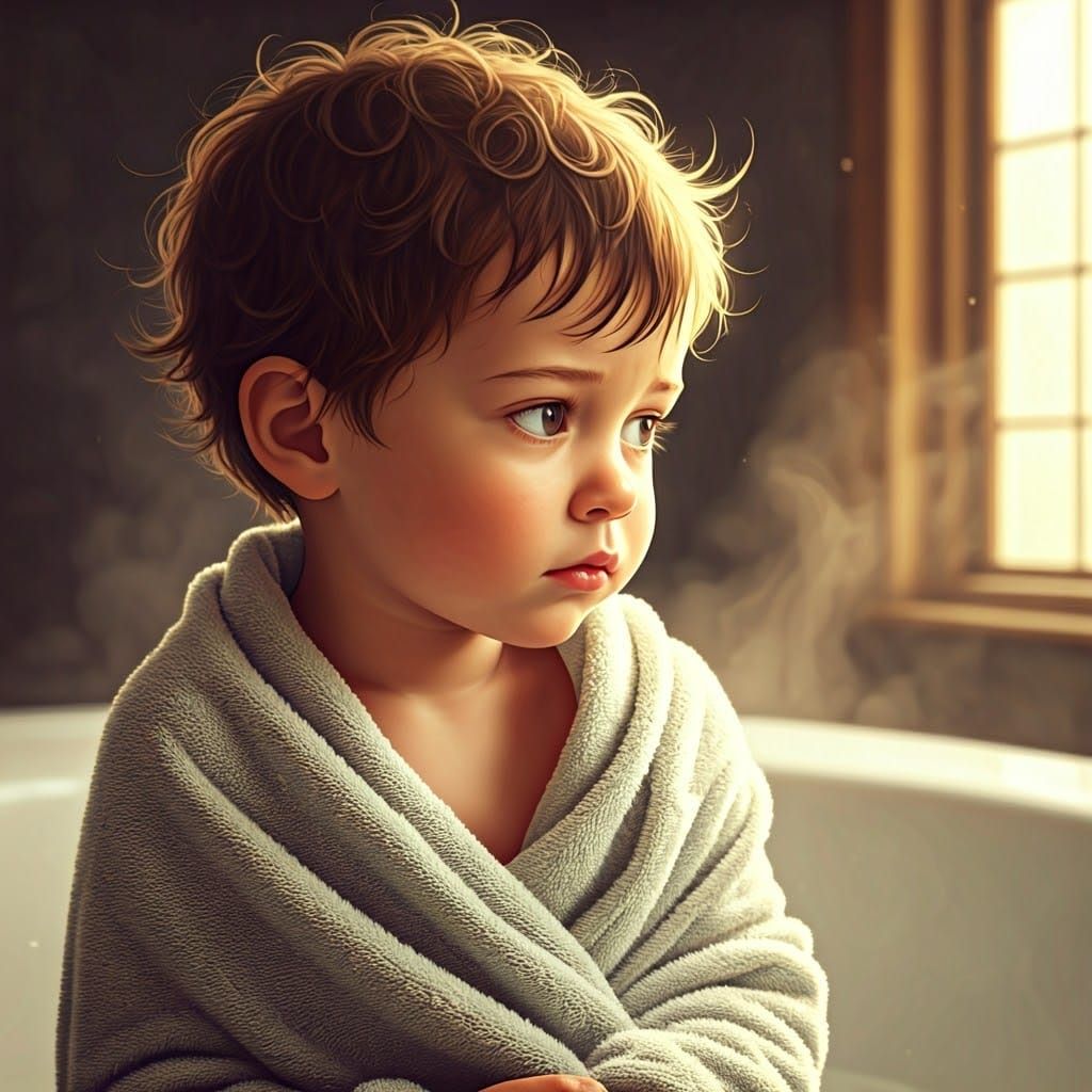 Vulnerable Child Contemplates Steamy Bath in Whimsical Art S...