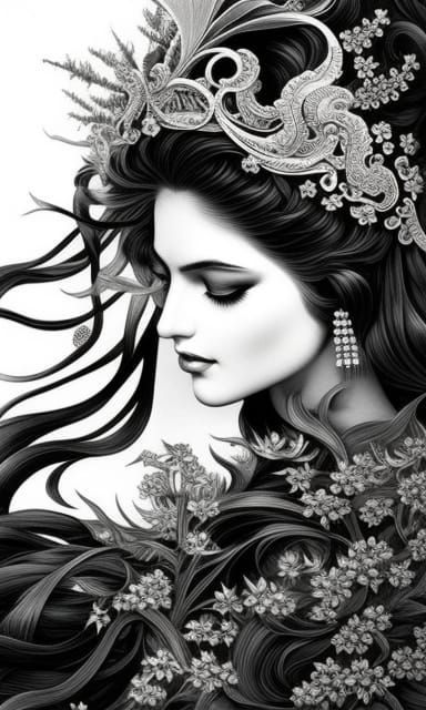 Lovely Beauty in Black and White Line Art