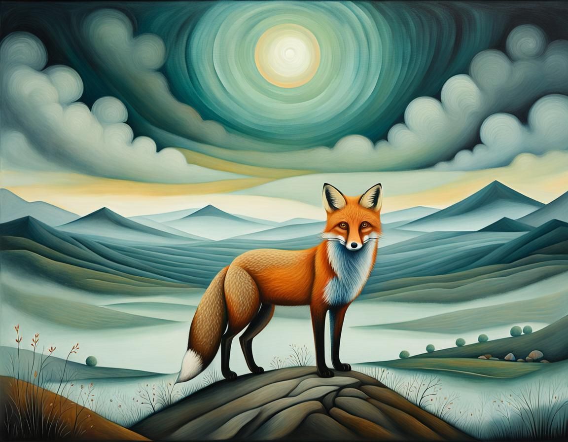 Surreal Fox in Misty Landscape, Impressionist Style