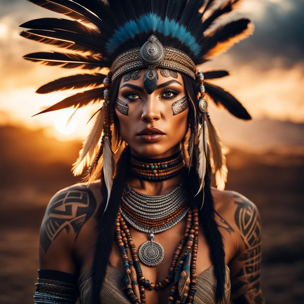 Tribal Tattooed Woman Warrior Under Cosmic Sky