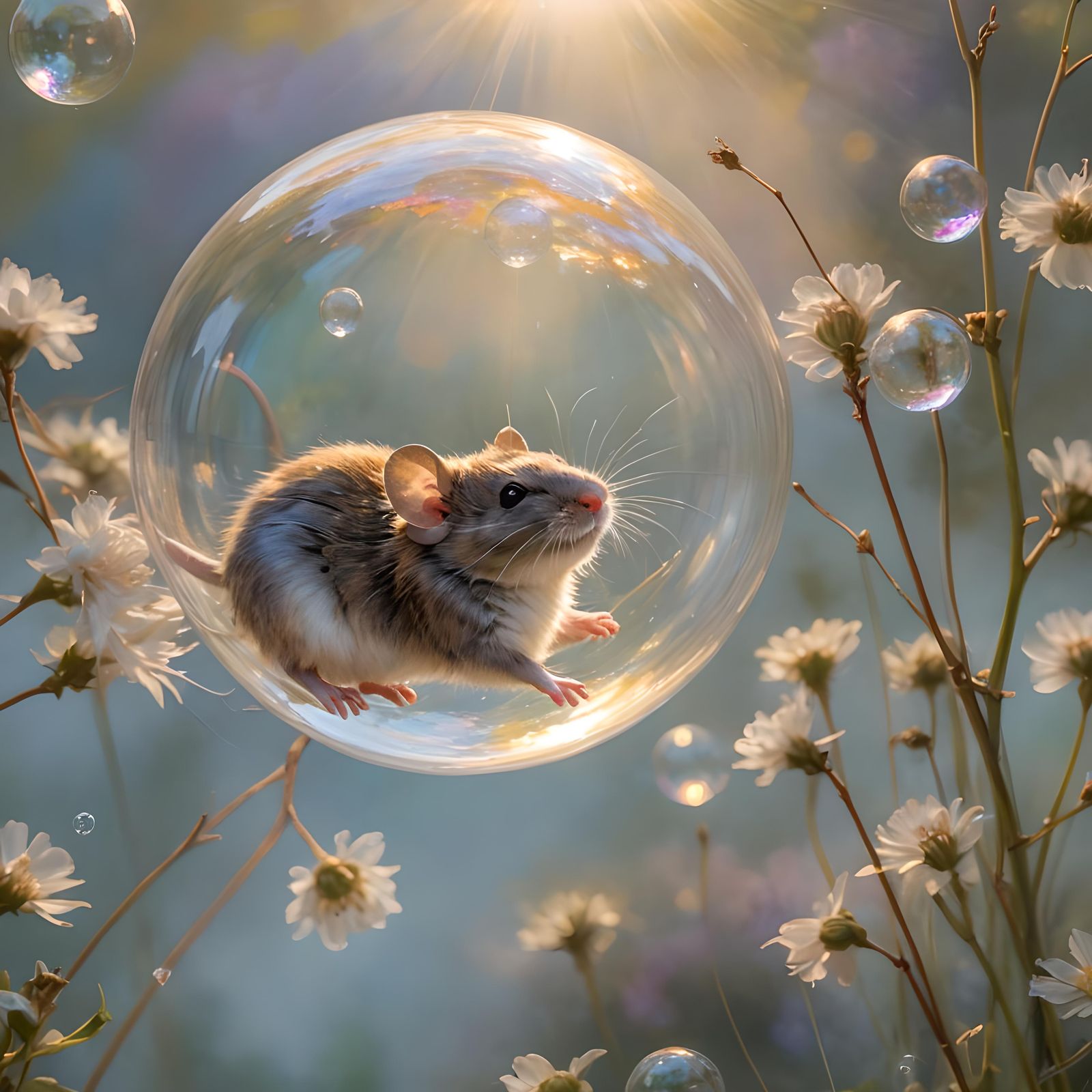 Mouse in a Bubble Floating in Cloudy Sky