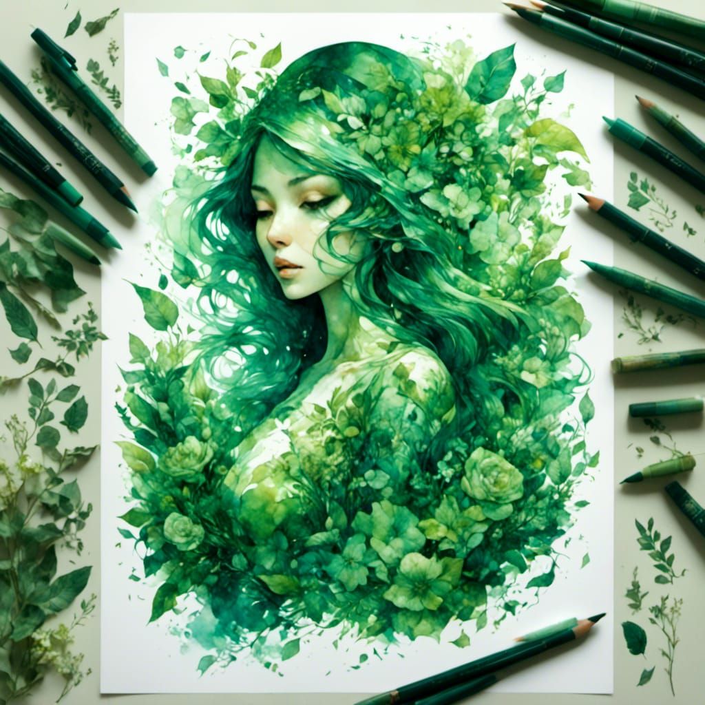 Green Woman in a Watercolour Landscape