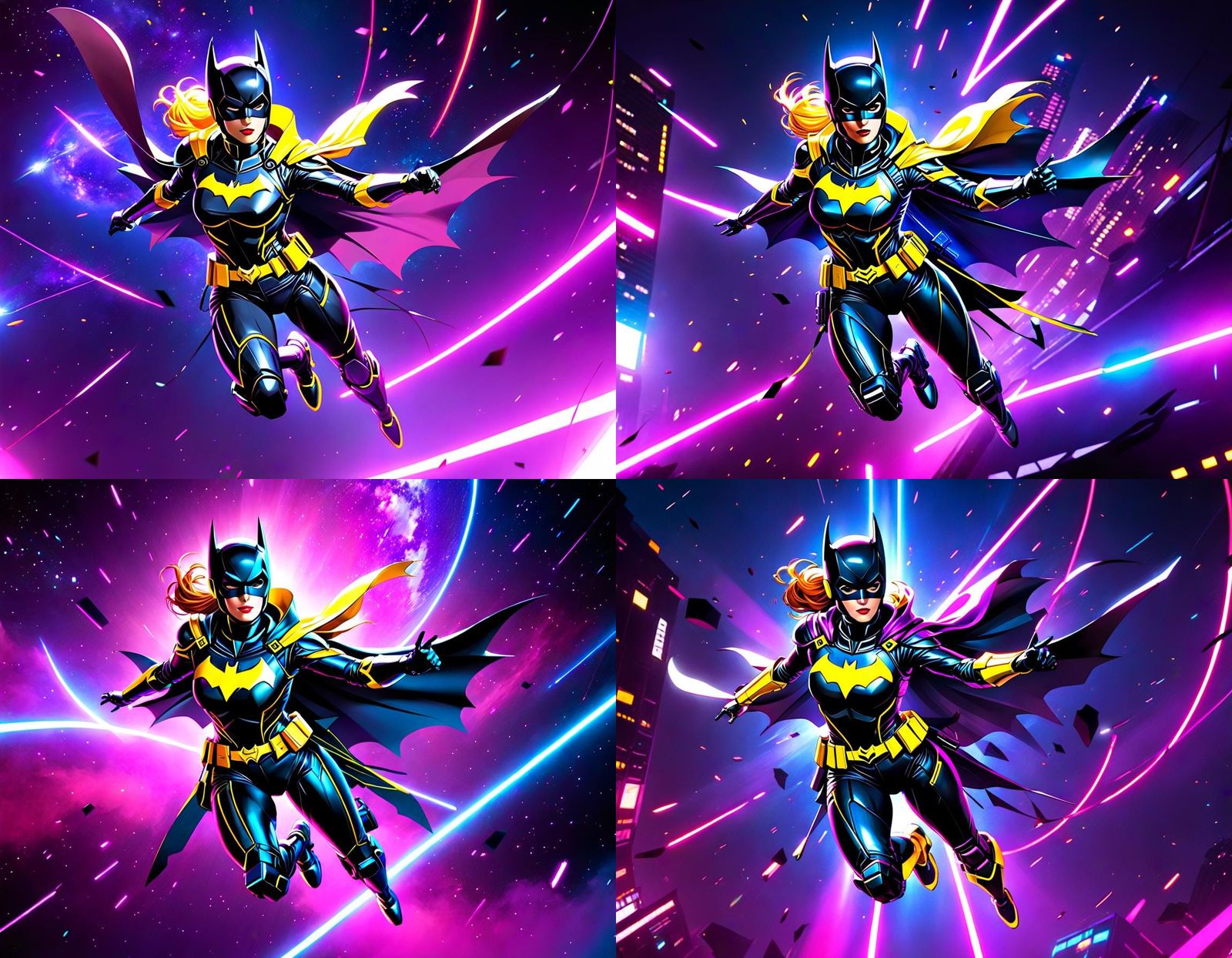 Futuristic Batgirl Flies Through Cyberpunk Galaxy