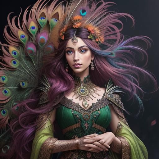 Rose Gold Woman with Peacock Feathers, Dark Fantasy Art