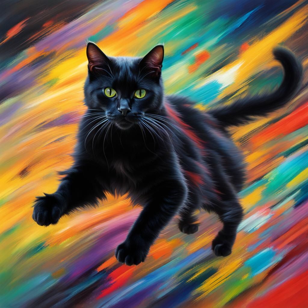 Black Cat Playing: Tachisme Style Dynamic Brushwork