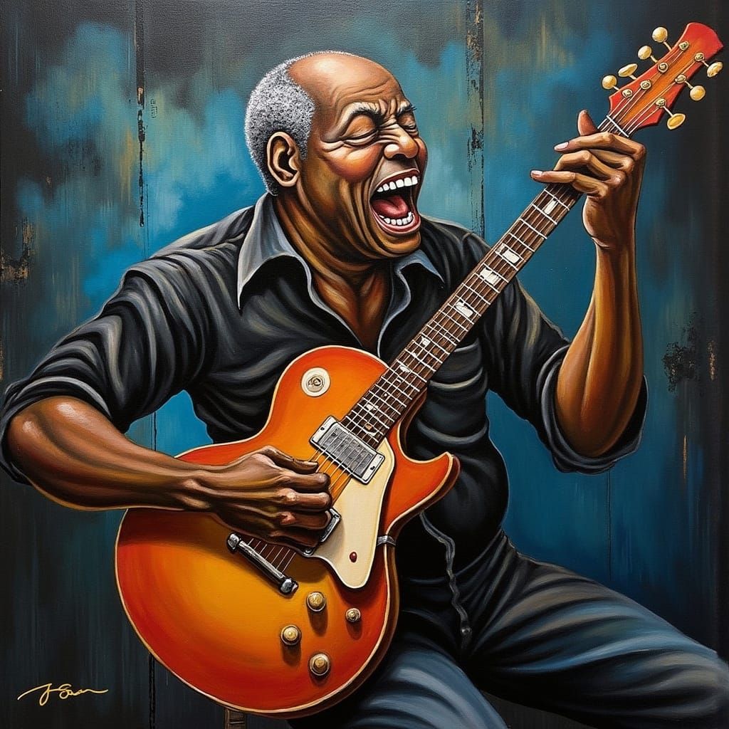 Blues Musician's Fiery Performance in Electric Hues