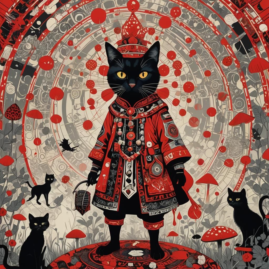 Fairy Shaman Riding Cat in Bauhaus Expressionist Style