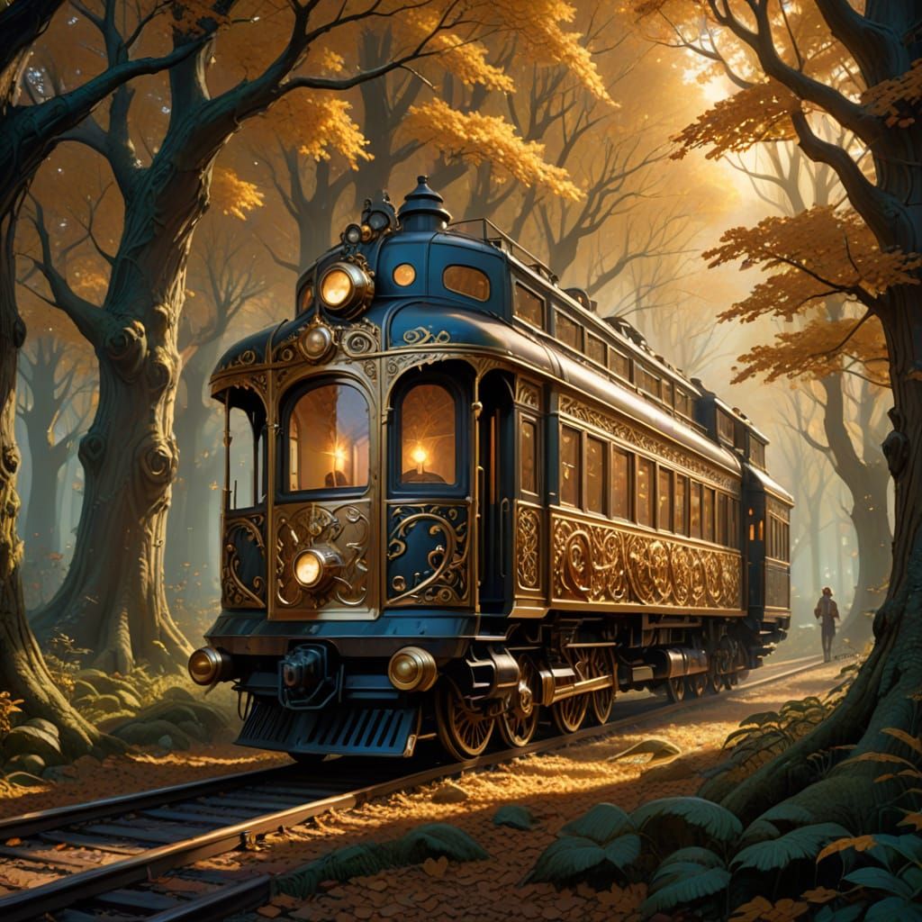 Enchanted Autumn Forest Train Fantasy Illustration