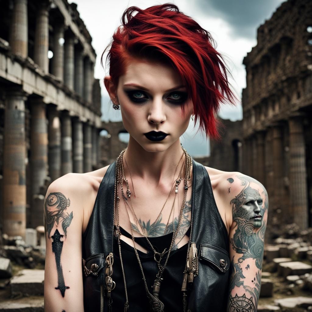 Young Woman with Punk Style in Ancient Ruins