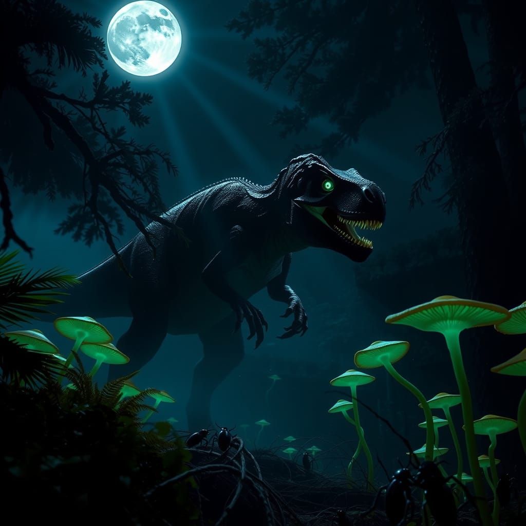 Dark Fantasy Raptor Hunts Under Moonlit Forest