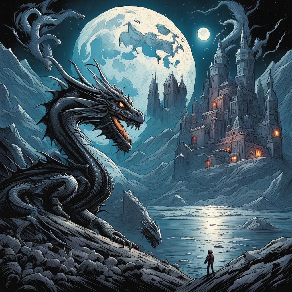 Dragons Silhouetted Against the Moon, Comic Book Art