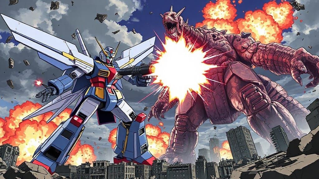 Mecha Robot Fires Beam at Kaiju Amidst City Ruins