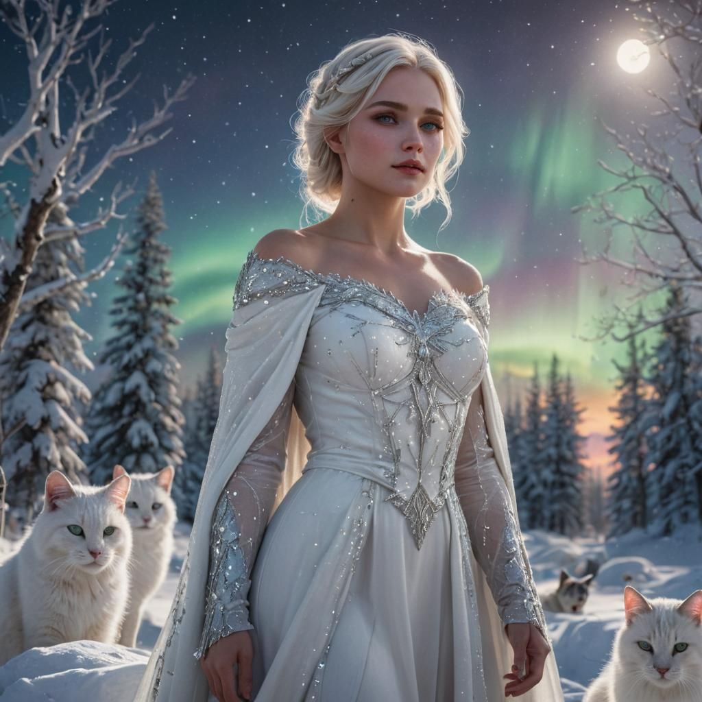 Goddess in Snowy Landscape Under Aurora Borealis