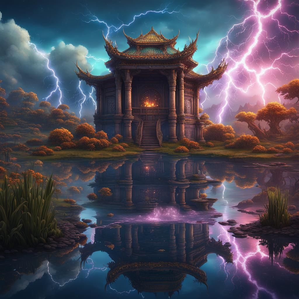 Thunder Reflection in Pond: Detailed Fantasy Art