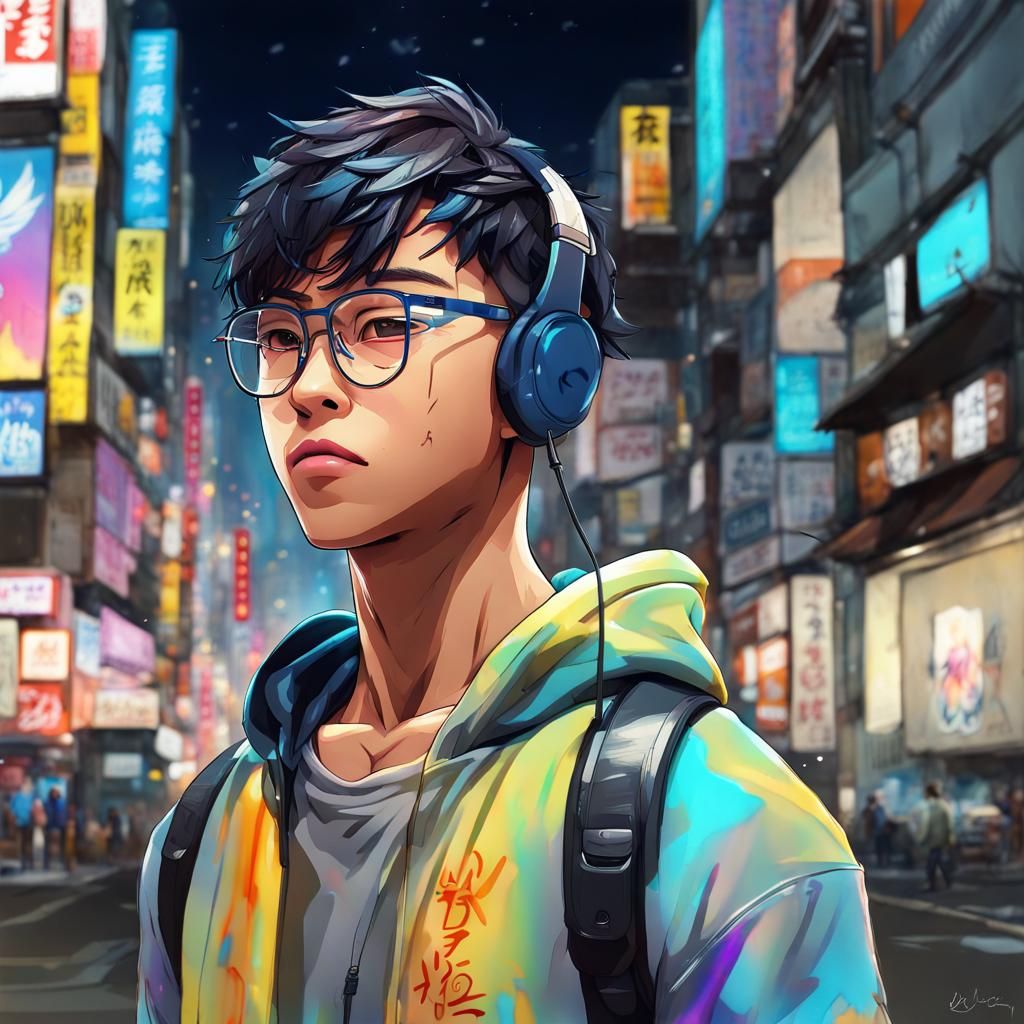 Asian twink cute boy, stunning eyesight, muscular , adorable, circle frame glasses, walking in Japan night city-street ,...