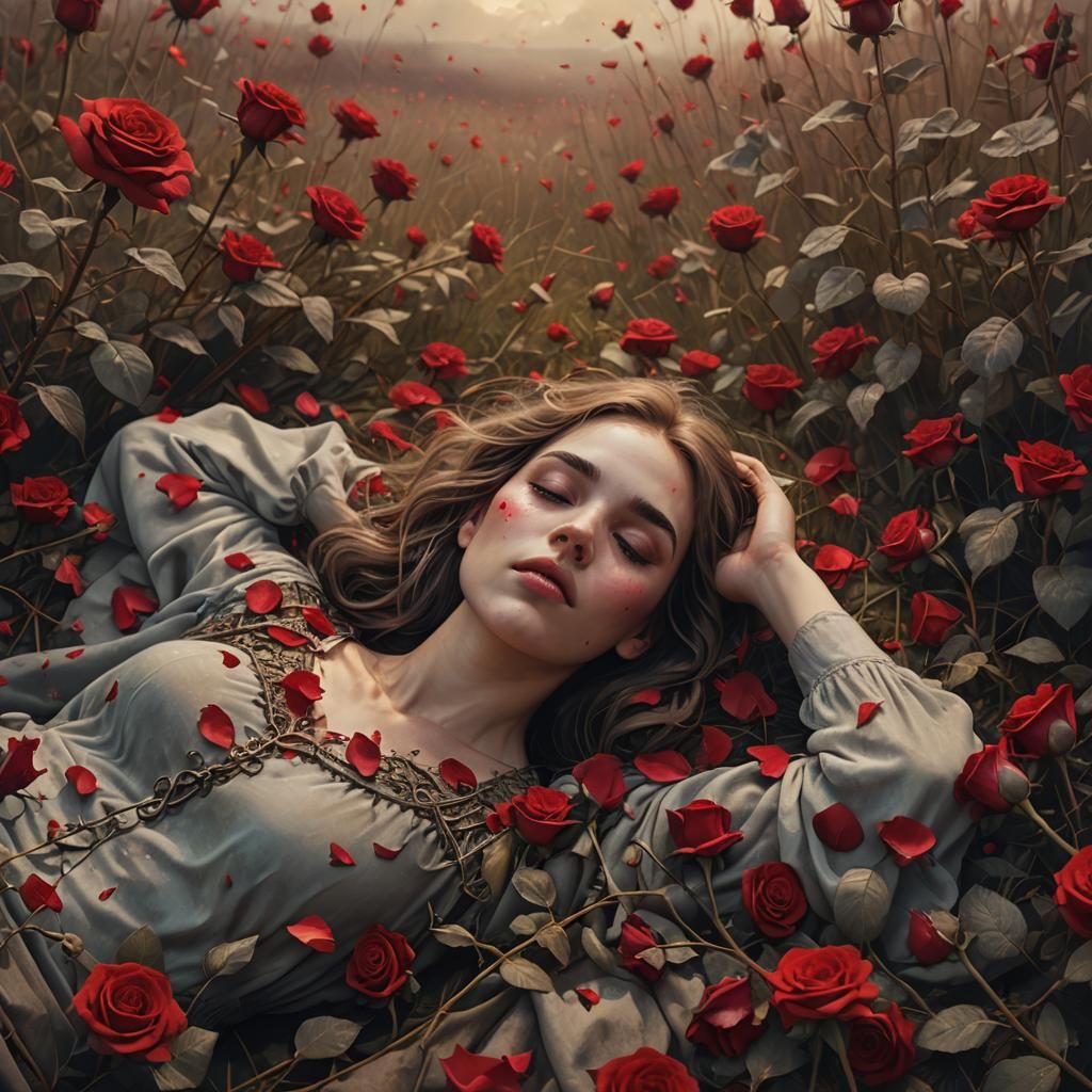 Girl in Wilted Flower Field, Fantasy Concept Art