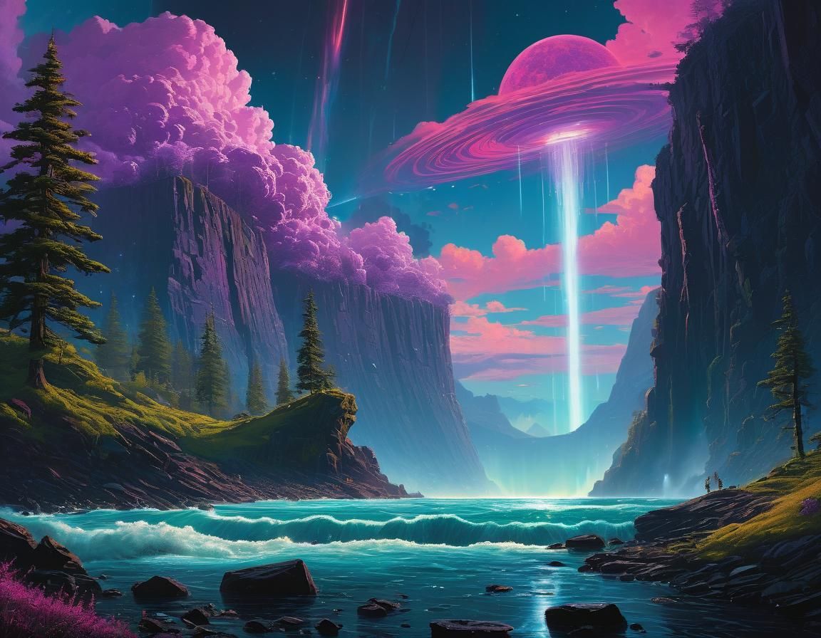 Celestial Waterfall with Comet Impact