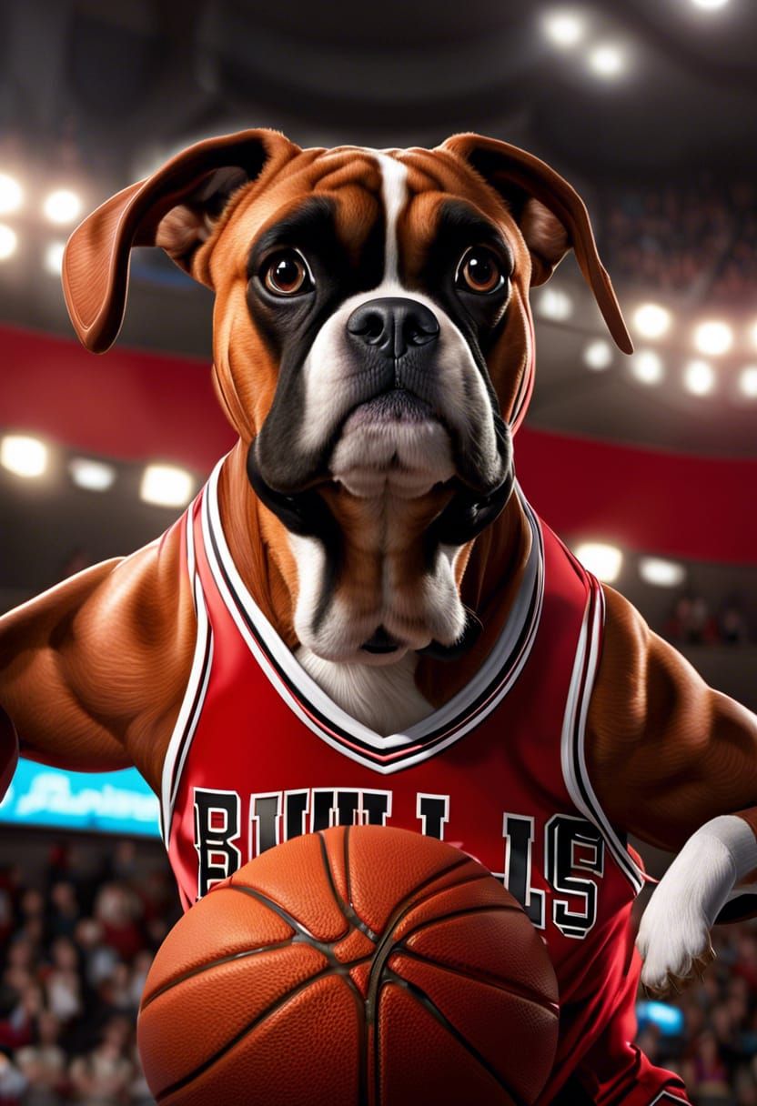 Boxer Dog Slam Dunk in Chicago Bulls Uniform